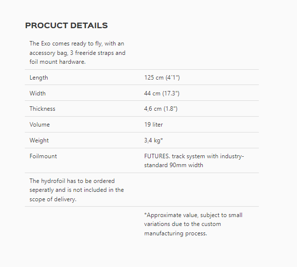 Levitaz EXO 4 Foilboard SIZECHART