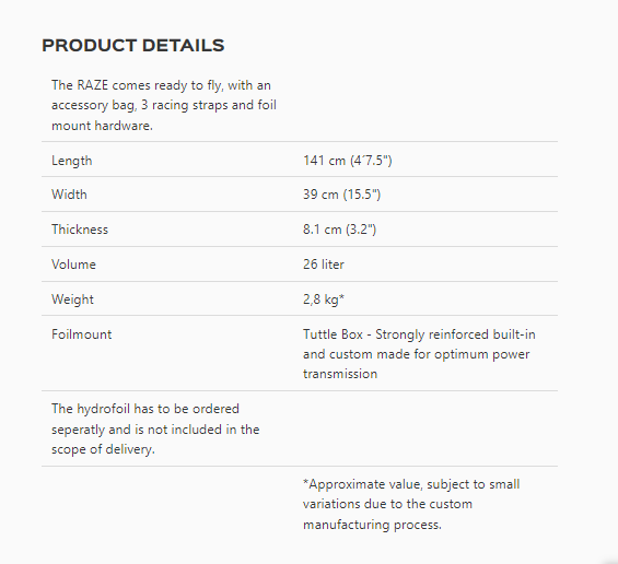 Levitaz RAZE 4 Foilboard Sizechart