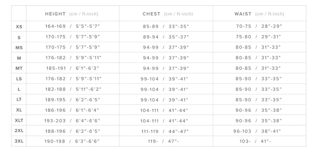 MYSTIC Star 3/2 Sizechart